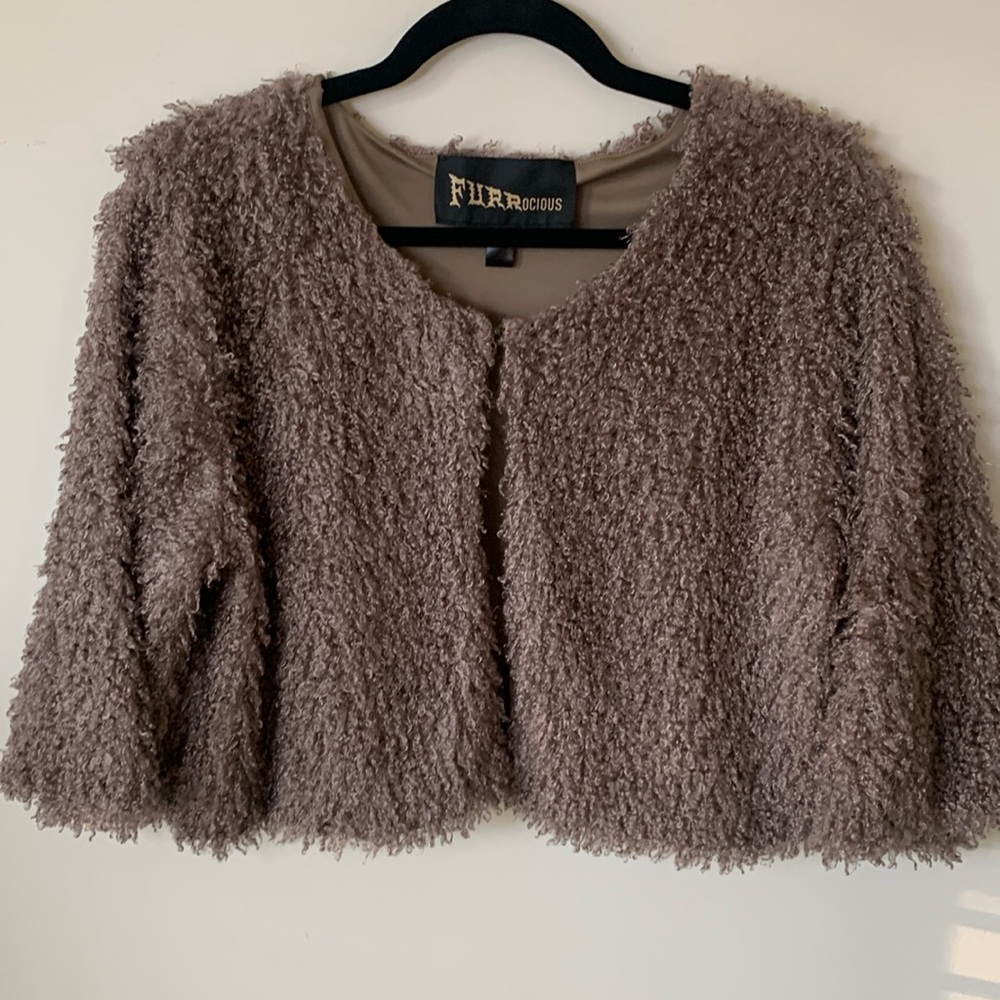 Furrocious Faux Fur Crop Cardigan smoky brown open front hook eye close wide Slv